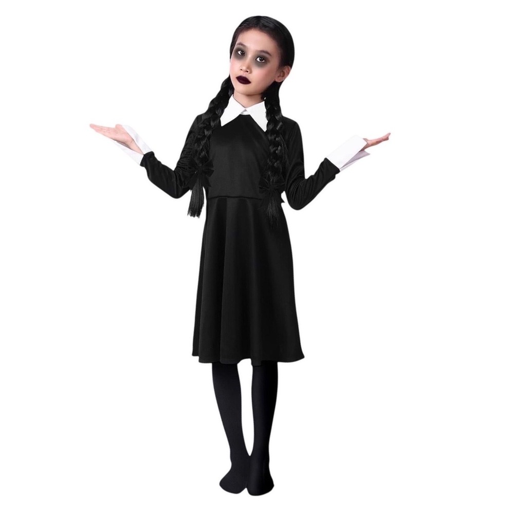 Wednesday Addams Black & White Dress Girls Size 6 Halloween Costume Long Sleeve